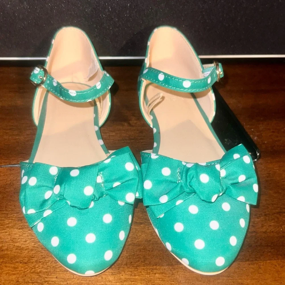 Janie and Jack, DOT BOW FLATS, green and white, size 11